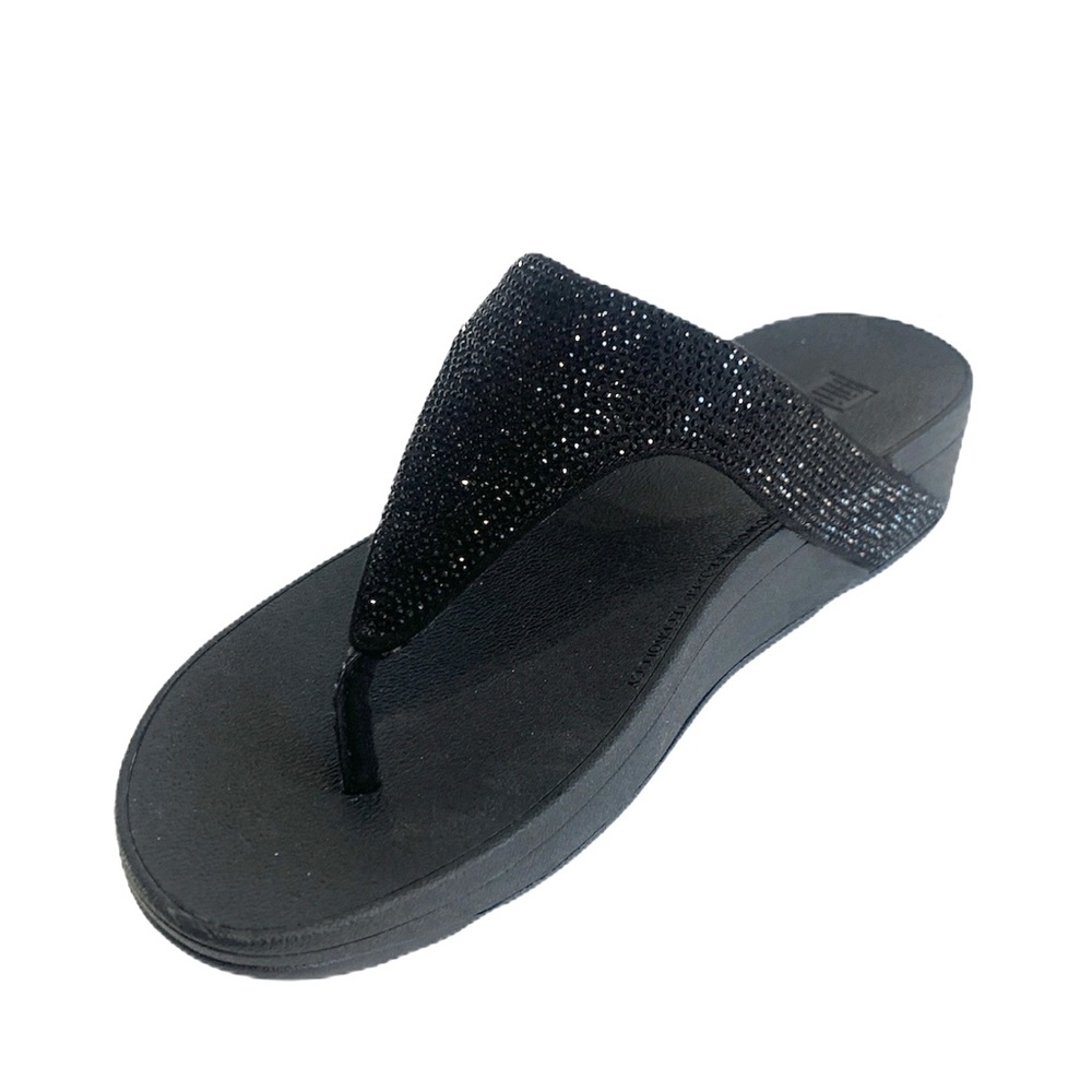 USED FitFlop Black Sparkle Wedge Thong Sandals
